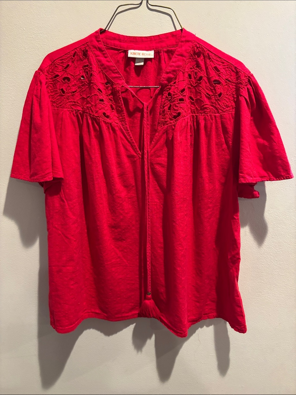 Knox Rose Bright Red Embroidered Tie-Front Blouse